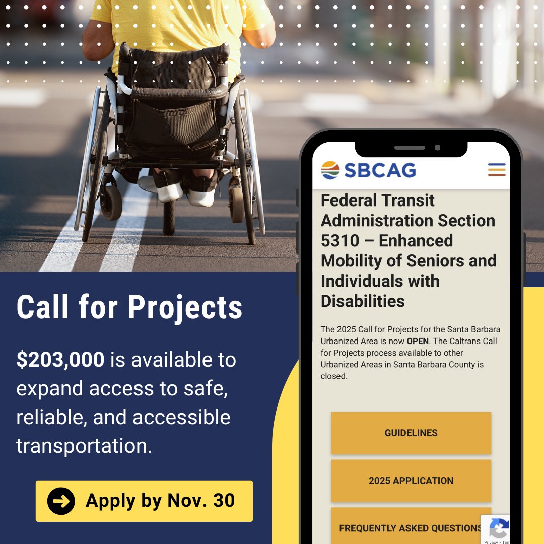 🚍 Funding Opportunity: SBCAG is accepting applications for 2025 Federal Transit Administration Section 5310 projects that improve mobility for seniors &amp; people with disabilities on the South Coast. ~$203K available. Apply by Nov. 30, 2025 ➡️ sbcag.org/planning-progr…