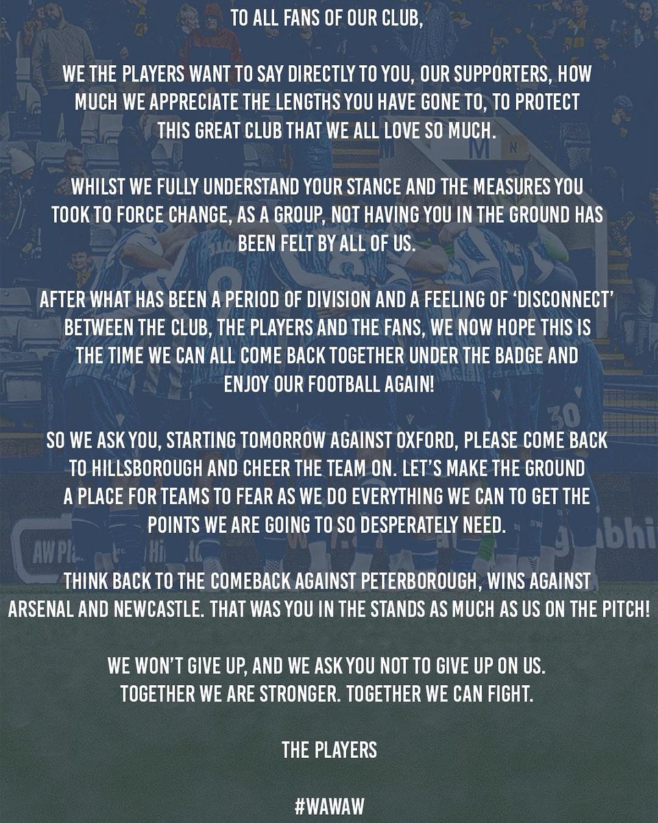 swfc's tweet image. A message from the players to all Wednesdayites 🦉 💙