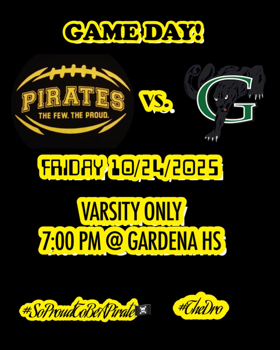 SPPirateFB's tweet photo. It’s GAME DAY! The Pirates come fresh off their bye week and resumes Marine League action against host Gardena! 7 pm kickoff. See you at Panther Stadium! #SoProudToBeAPirate☠️ #TheDro @breezepreps @latsondheimer @JamaalStreet @NickIngram310 @SBLiveCA @Tarek_Fattal @DamianCalhoun https://t.co/EuwkaReI6A