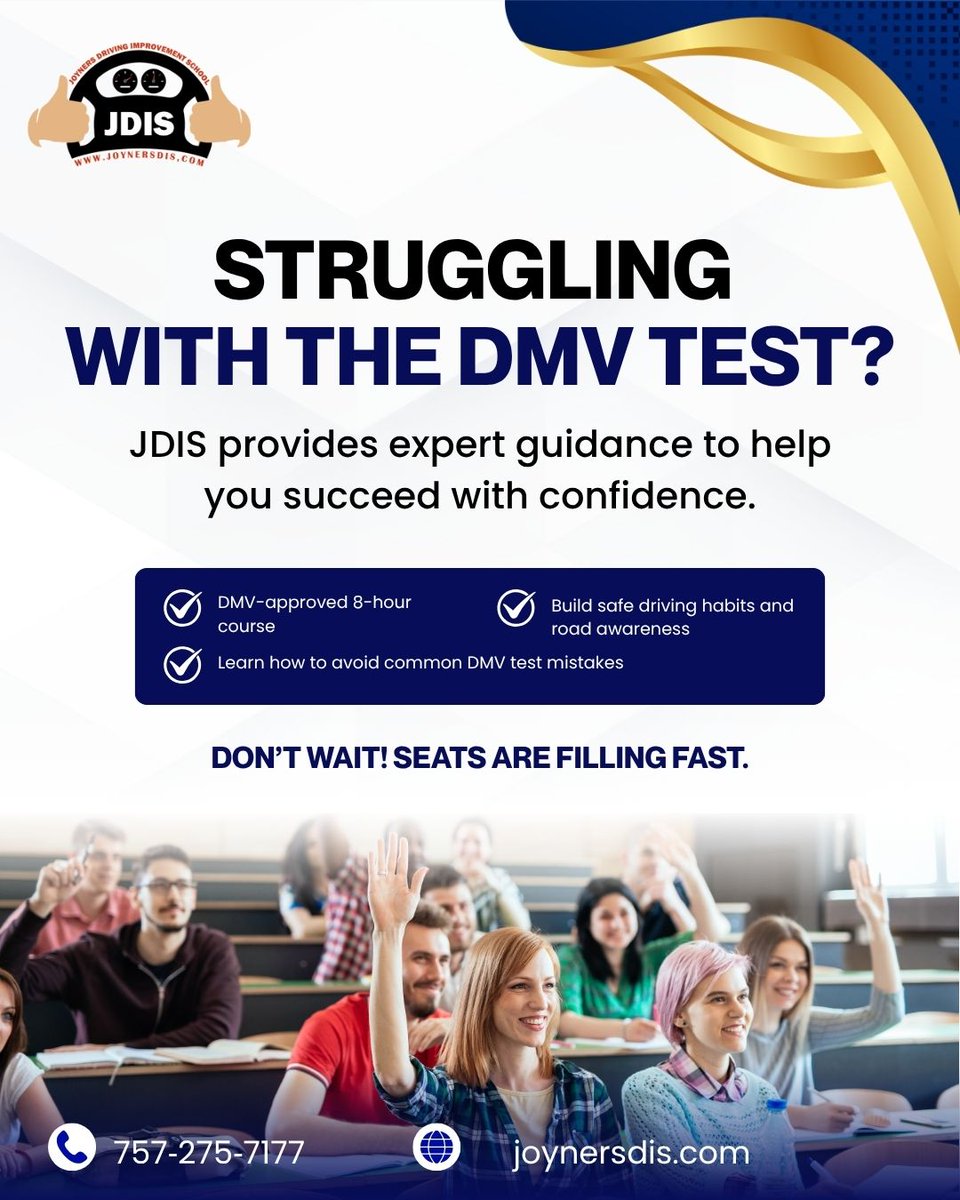 Jdrivingschool's tweet image. Don’t worry — our 8-hour DMV-approved course will get you back on track!

📞 Call: 757‑275‑7177
🌐 Register: joynersdis.com

#JoynersDrivingSchool #DMVTest #DriverImprovement #DrivingSchoolNearMe #BehindTheWheel #DrivingLessons #DriversEd #TeenDriving  #DrivingCourses