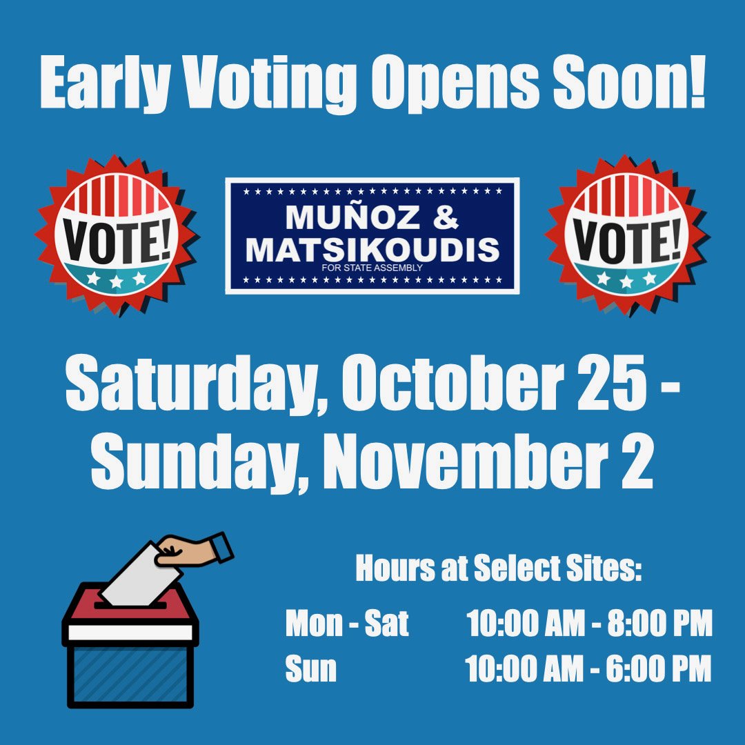 NancyFMunoz's tweet photo. ⏰ In-person Early Voting starts tomorrow! Polls are open from 10:00 AM until 8:00 PM at select sites. Make a plan to bank your vote!

https://t.co/Fchuou5HDl https://t.co/YS6SA3Pevj