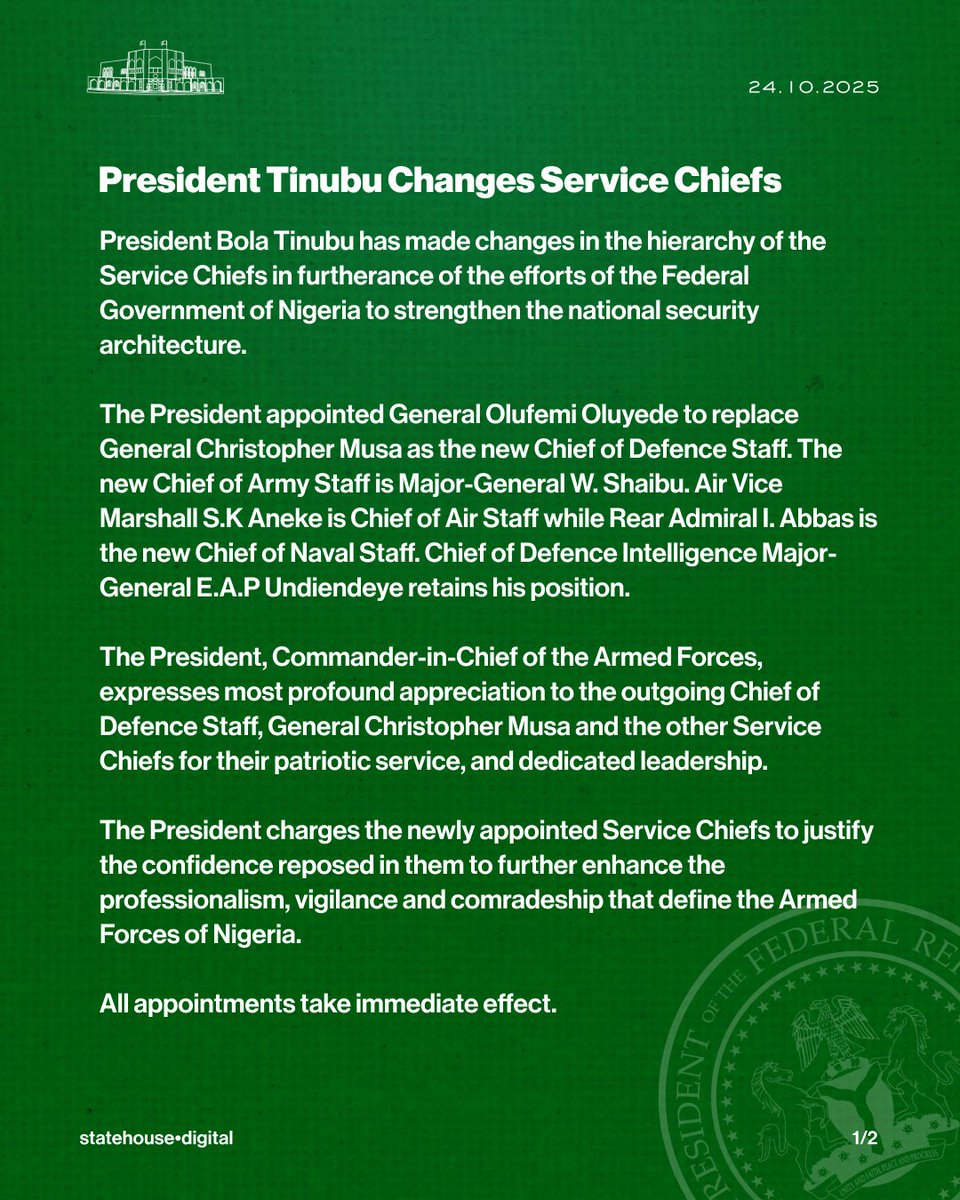 PRESIDENT TINUBU CHANGES SERVICE CHIEFS

President Bola Tinubu has made changes in the hierarchy of the Service Chiefs in furtherance of the efforts of the Federal Government of Nigeria to strengthen the national security architecture.

The President appointed General Olufemi