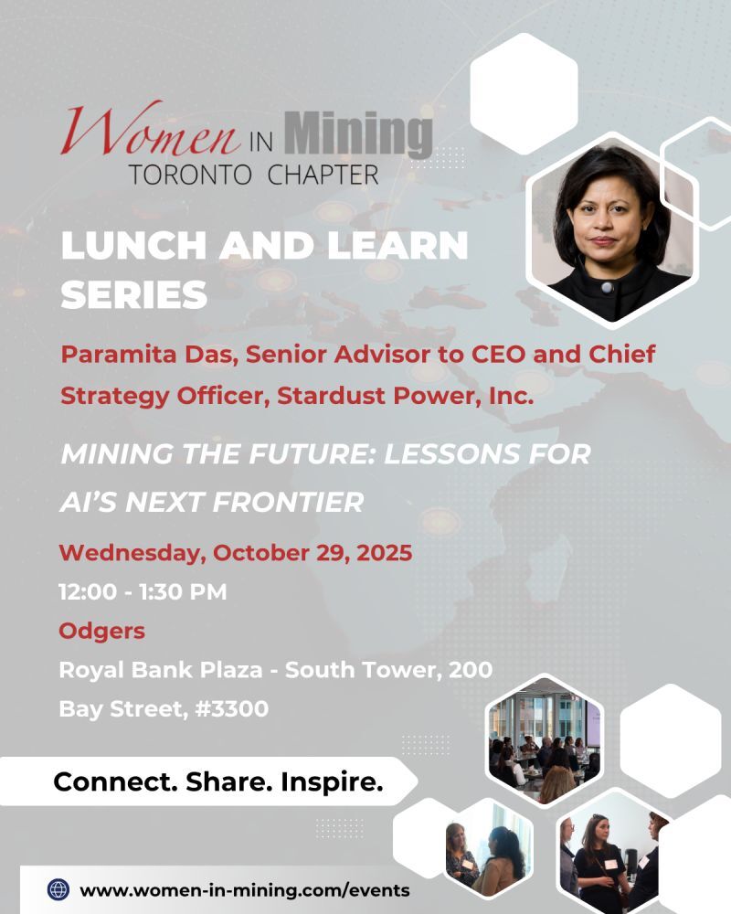 SDST_Power's tweet image. Join Paramita Das of Stardust Power at Women in Mining Toronto as she explores how women are shaping the future of mining, AI and the critical minerals economy.
🗓️ Oct 29 | 📍 Toronto
🎟️ zurl.co/eKXf8
$SDST #WomenInMining #AIandMining #StardustPower