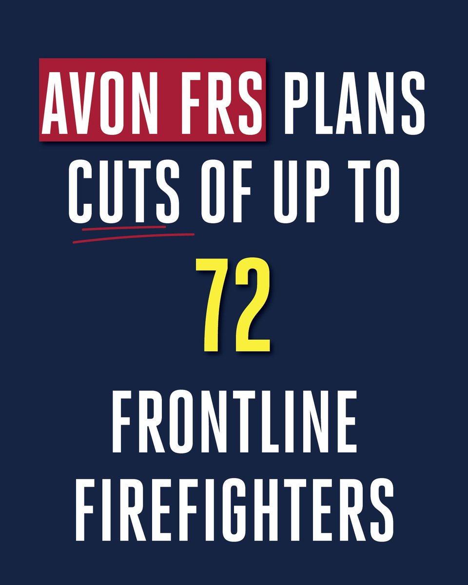 fbunational's tweet photo. Avon FRS plans to cut up to 72 firefighter roles to address a £2m budget deficit. 

These cuts will lead to slower response times and reduced resilience, putting public and firefighter safety at risk.

The fire authority should be lobbying for investment - not planning more cuts. https://t.co/ZXnCSGxXbW