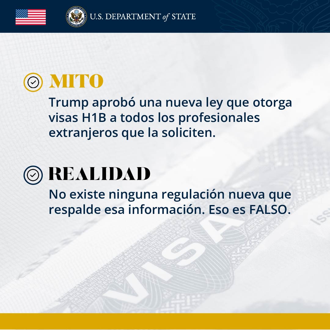 USembassyEC's tweet photo. Circula en TikTok un video que asegura que el Presidente Trump aprobó una nueva ley que otorgará visas H1B a todos los profesionales que las soliciten. Eso es falso. No existe ninguna regulación nueva que respalde esa información.

#FronteraCerrada
#NiLoIntentes
#NoTeArriesgues https://t.co/kFJ8snU9oM