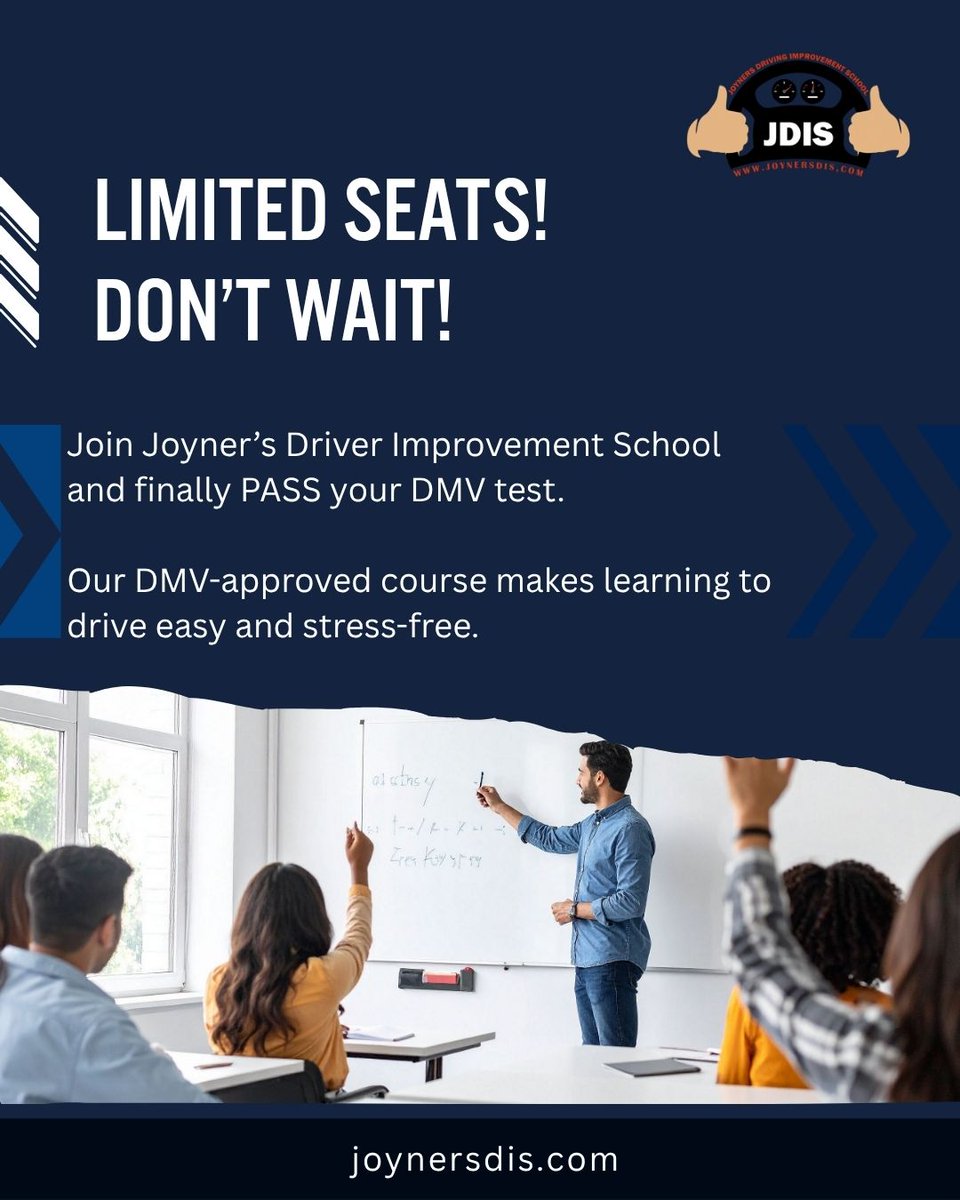Jdrivingschool's tweet image. Time’s ticking! Join Joyner’s Driver Improvement School and finally PASS your DMV test. 

📞757‑275‑7177
🌐 joynersdis.com

#JoynersDrivingSchool #DMVTest #DriverImprovement  #DrivingCourses