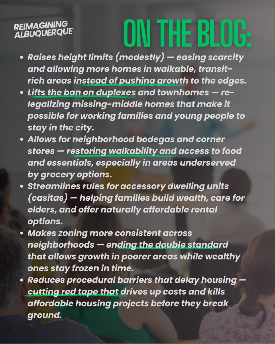 ReimaginingABQ's tweet photo. Our housing shortage isn’t an accident—it’s policy. Albuquerque’s zoning code still enforces scarcity. The new IDO reforms could change that: more homes, corner stores, and walkable neighborhoods. The Planning Commission must pass them. Read below👇 https://t.co/K7SFL1Q8mi
