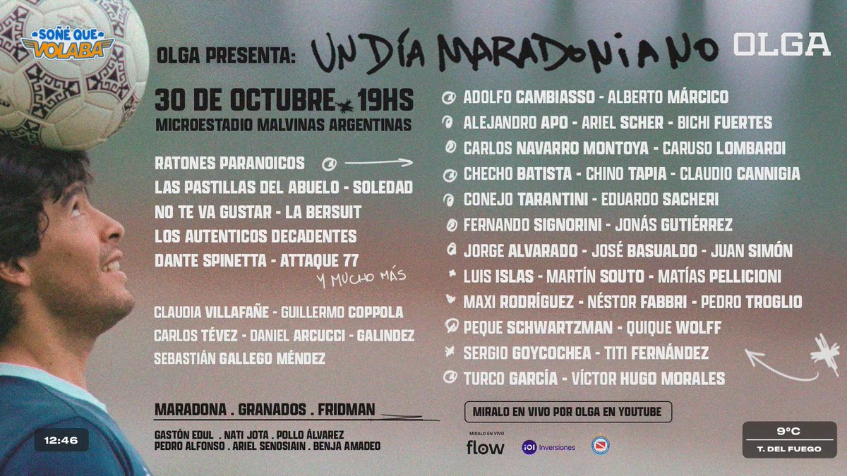 olgaenvivo's tweet photo. EL EVENTO MÁS GRANDE PARA EL MÁS GRANDE DE TODOS🔟⚽

Este 30 de OCTUBRE 19 HS vamos a celebrar UN DÍA MARADONIANO en el Microestadio Malvinas Argentina en la fiesta MÁS GRANDE en la historia de OLGA.   

¿Cómo conseguir las entradas? Se entregarán el LUNES 27 DE OCTUBRE a las 10HS en HUMBOLDT Y CABRERA a cambio de un KIT COMPLETO.

Miralo en vivo por OLGA en YouTube y también lo vas a poder disfrutar por FLOW.

#UnDiaMaradonianoXOlga