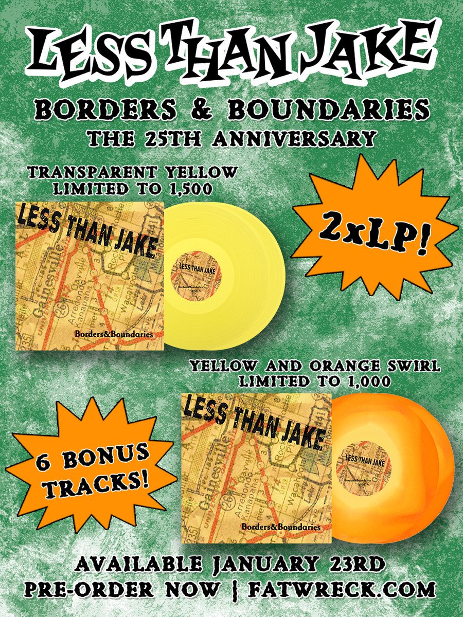 LessThanJake's tweet image. Hard to believe it’s 25 years since we released “Borders and Boundaries” on FAT Wreck Chords. We are honored & humbled that this album means as much to our fans as it does to us. We couldn’t be more excited to share the reissue with you once again! 🗺️fatwreck.com/collections/ne…