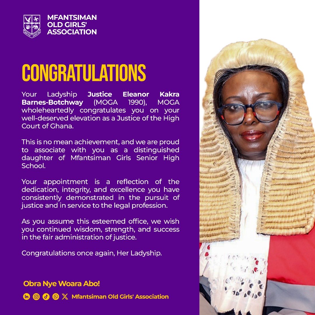Congratulations, Her Ladyship Justice Eleanor Barnes-Botchway (MOGA 1990💜) on your elevation as a #Justice of the High Court of Ghana.🇬🇭

Proud daughter of #Mfantsiman Girls Senior High School. 

Obra papa gya owura kwan ampa!
🫱🏽‍🫲🏾🫱🏽‍🫲🏾🫱🏽‍🫲🏾🫱🏽‍🫲🏾🫱🏽‍🫲🏾