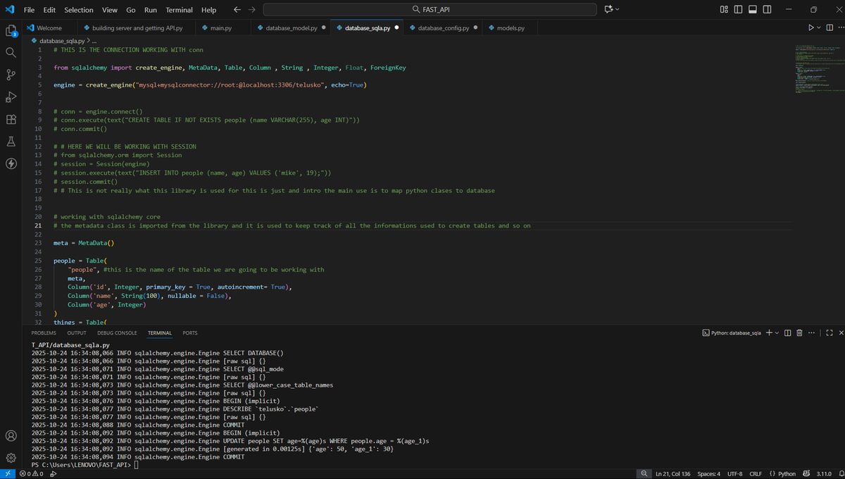 kayode_aki76318's tweet image. Day 18 🚀
Today I started connecting FastAPI to a MySQL database using SQLAlchemy I set up my models, engine, and tried creating tables — ran into a small import error but learned how sessions and configs work. Progress 
#Day18 #FastAPI #Python #MySQL #BackendDev #BuildInPubli