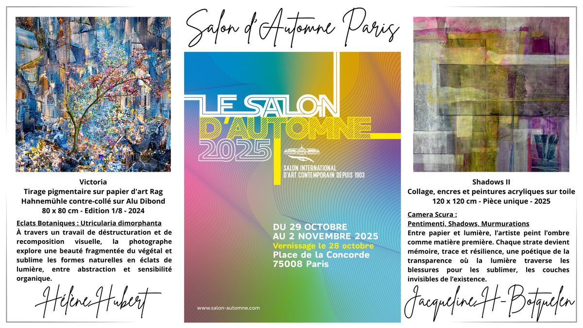 <a href="/HHubertPhoto/">Hélène Hubert Photographer</a> &amp; Jacqueline H-Botquelen exposent au <a href="/Salon_Automne/">Salon d'Automne</a> 2025 à Paris.
📸Hélène Hubert: "Victoria" dans la Section Photographie
🎨Jacqueline H-Botquelen: "Shadows II" dans le Département Ephémère
📍Pavillon Éphémère, Place de la Concorde, #Paris 
📅 29 oct – 2 nov 2025