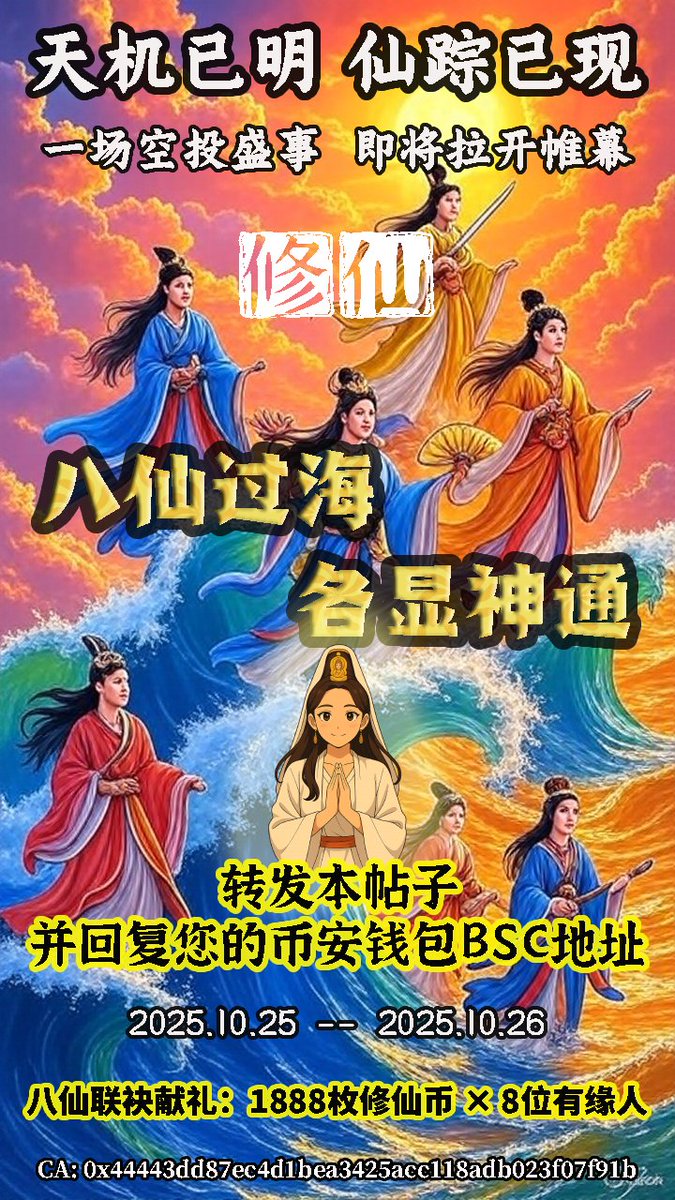 XIUXIAN_Binance's tweet image. 你猜，八仙过海，所为何事？

一场空投盛事，正在云端酝酿！
8位幸运道友，每人将独享1888枚修仙币

❤️结缘步骤：
1. 关注，2. 转发
3.留下你的BSC链地址，带上祝福语！
4.两天时间，在26号晚开奖哦。

仙缘在路上，转发即是缘！
#加密空投  #修仙MEME @heyibinance  @cz_binance
