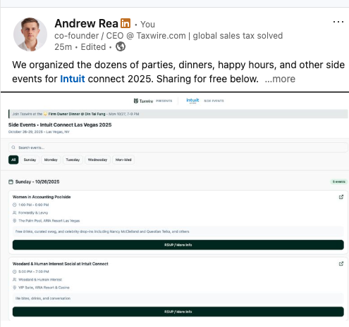 andrew__rea's tweet image. cross-posting from LinkedIn (i know i hate myself)

1. i am going to Intuit Connect

2. Taxwire is co-hosting a dinner at Intuit Connect 

3. our interns organized organized a vibe coded list of all the other side parties at intuit connect that i am taking credit for

lmk if you…