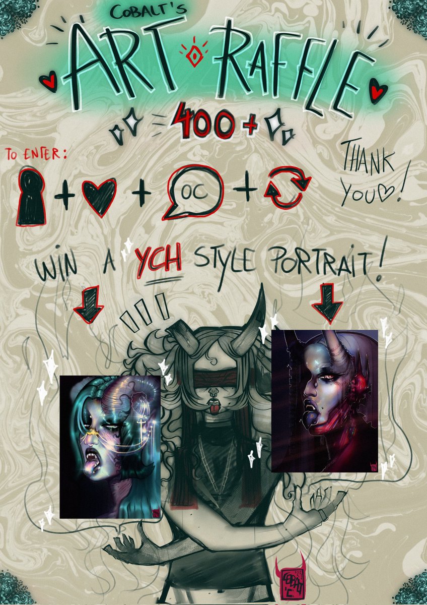 👁️  IT'S TIME! COBALT'S -2nd- ART RAFFLE 👁️

400+ of you is insane ILUUU 😈✨

PRIZE: 
- 1 YCH STYLE PORTRAIT 

RULES: 
- Reply with ur OC
- Like and RT
- Follow 

Extra entry: 
- Tag a friend

DEADLINE: November 24 

‼️SPAM ACCOUNTS WILL BE IGNORED

#artraffle #ych #artmoots