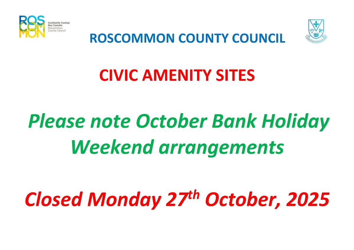 roscommoncoco's tweet image. 📌Please note our Civic Amenity sites will be closed this Bank Holiday Monday.