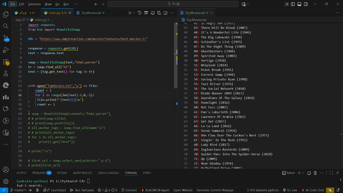 Jashanpree43774's tweet image. #day41 of learning coding 
✅today i have learn about the web scraping with the module of Beautifulsoup  
🌟make a small project of worlds top 100 movies #100DaysOfCoding #python #coding #UntilGetJob #development