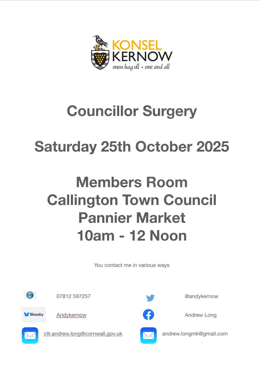 Tomorrow I am holding another <a href="/CornwallCouncil/">@cornwallcouncil</a> Surgery at the <a href="/CallingtonTC/">Callington TC</a> members Room in the Pannier Market from 10am to 12 Noon <a href="/MebyonKernow/">The Party for Cornwall</a> #MKthedifference