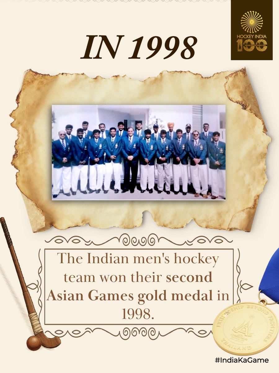 TheHockeyIndia's tweet photo. The year was 1998, the stage - Bangkok.

India’s Men’s Hockey Team scripted another golden moment, winning their second Asian Games gold medal and reaffirming our dominance in Asia. 🏑🇮🇳

#HockeyIndia #IndiaKaGame #100YearsOfIndianHockey #भारतीयहॉकीके100साल | @WeAreTeamIndia @FIH_Hockey @Media_SAI @asia_hockey