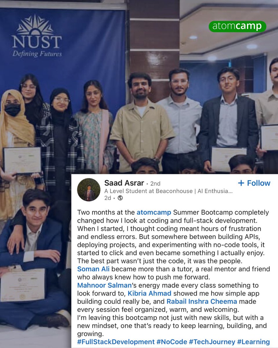 atomcamp's tweet image. That’s what learning looks like at atomcamp✨
We love seeing our students not only build projects but also discover their passion for coding and tech along the way.
 #FullStackDevelopment #NoCode #TechJourney #Learning #artificial_intelligence #AI #aibootcamp