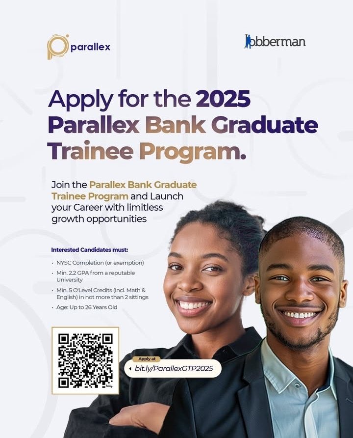 🚨 JOB ALERT 🚨

Parallex Bank 2025 Graduate Trainee Program is now open! 💼🔥

Eligibility:
🎓 Min. 2:2 from a reputable university
🧾 NYSC completed / exempted
🎂 Age: ≤ 26 years

Kickstart your banking career today 👇
👉 Apply: bit.ly/ParallexGTP2025

#JobAlert