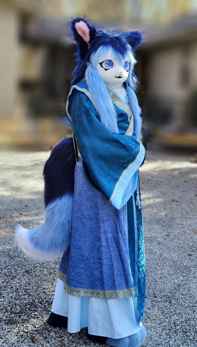 For this #FursuitFriday, I'm posting something a little different.
I just love the colors and the flowy clothes.
I modified an inexpensive Kigurumi fur head, made the tail, hands &amp; feet to match, and found a cosplay outfit that compliments the fur colors.
Still need to get a name