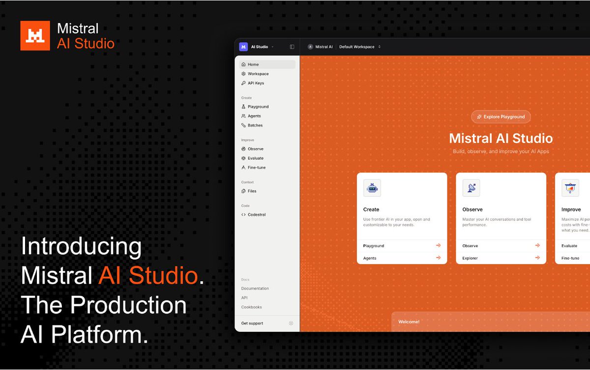MistralAI's tweet image. Introducing Mistral AI Studio, the production AI platform.
Mistral AI Studio enables builders to move from AI experimentation to production with a robust runtime for agents and deep observability across the AI lifecycle.
More on our blog: mistral.ai/news/ai-studio