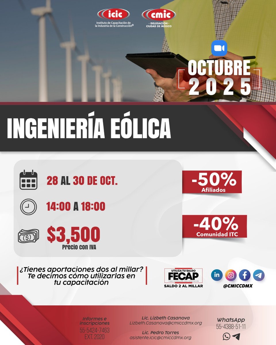 📚 ¡Capacítate y construye tu futuro con #ICIC de la #CMICCDMX!

Del 28 al 30 de oct:
🔹Seguridad e Higiene en la Construcción
🔹Tablas Dinámicas
🔹Ingeniería Eólica

✍️ Inscríbete: bit.ly/ContactoICIC

#CapacitaciónICIC #ConstruyeTuFuturo