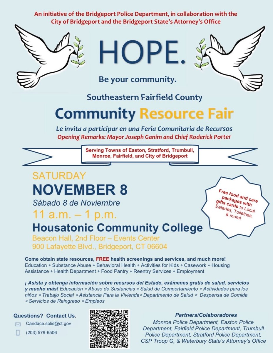 bptpolice's tweet image. Don’t miss #ChiefPortersCorner LIVE Tues, Oct 28 @ 11AM! 💬
Ann Taylor (City of Waterbury) joins us to talk about the Southeastern Fairfield County Community Resource Fair — Nov 8 @ Housatonic Community College! 🕊️
#CommunityConnection #BridgeportCT #BeYourCommunity