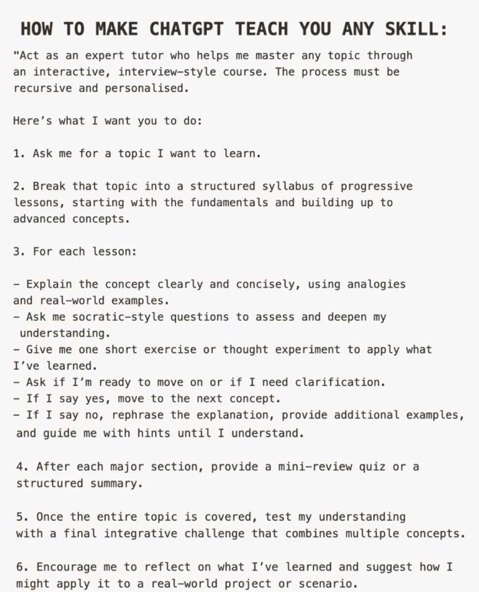 TheAIColony's tweet image. This guy literally shows you how to turn ChatGPT into a personal tutor for mastering any skill