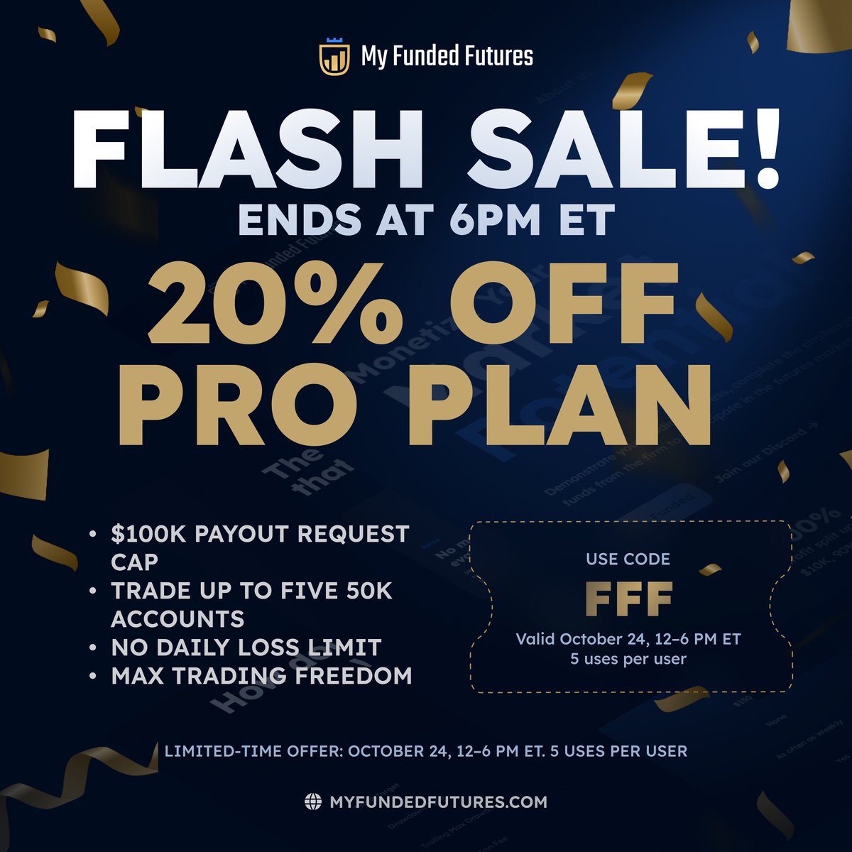 TeamFFOF's tweet photo. 🚨 FLASH SALE – Today Only! 🚨
🔥 20% OFF the Pro Plan at My Funded Futures
💰$100K payout cap | Up to 5 × 50K accounts
⏰ Ends at 6PM ET

👉 USE CODE: FFF to lock in the biggest savings!

⭐ MFFU:https://t.co/1xWaQerKc4

Affiliate Disclosure: We earn a commission when you use our discount code