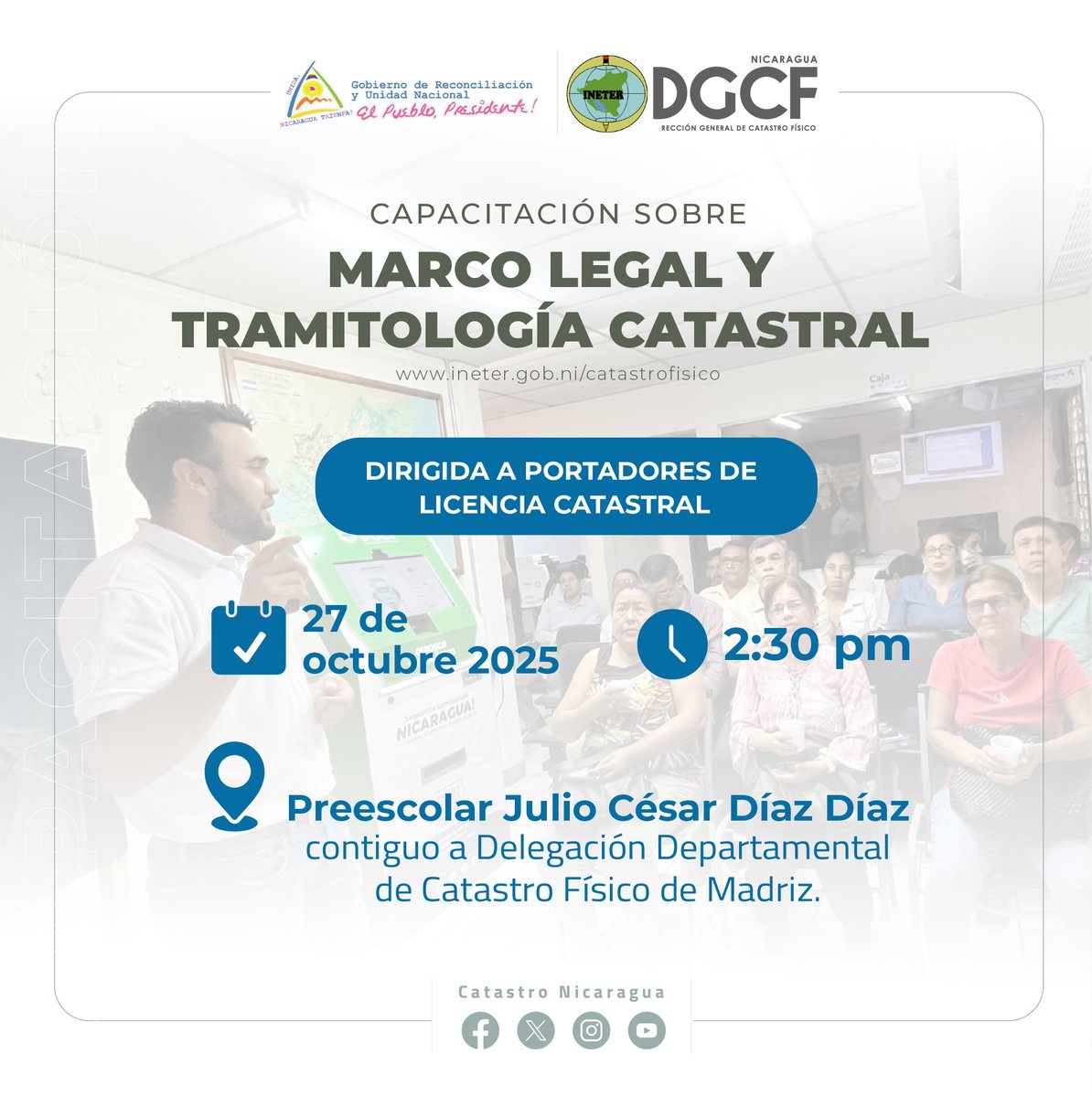 ¡Atención #MadrizEnRevolución !

La DGCF, durante esta jornada brindará temas clave sobre la normativa vigente, procedimientos catastrales y buenas prácticas para garantizar una gestión más eficaz y transparente.

#Nicaragua #CatastroNicaragua