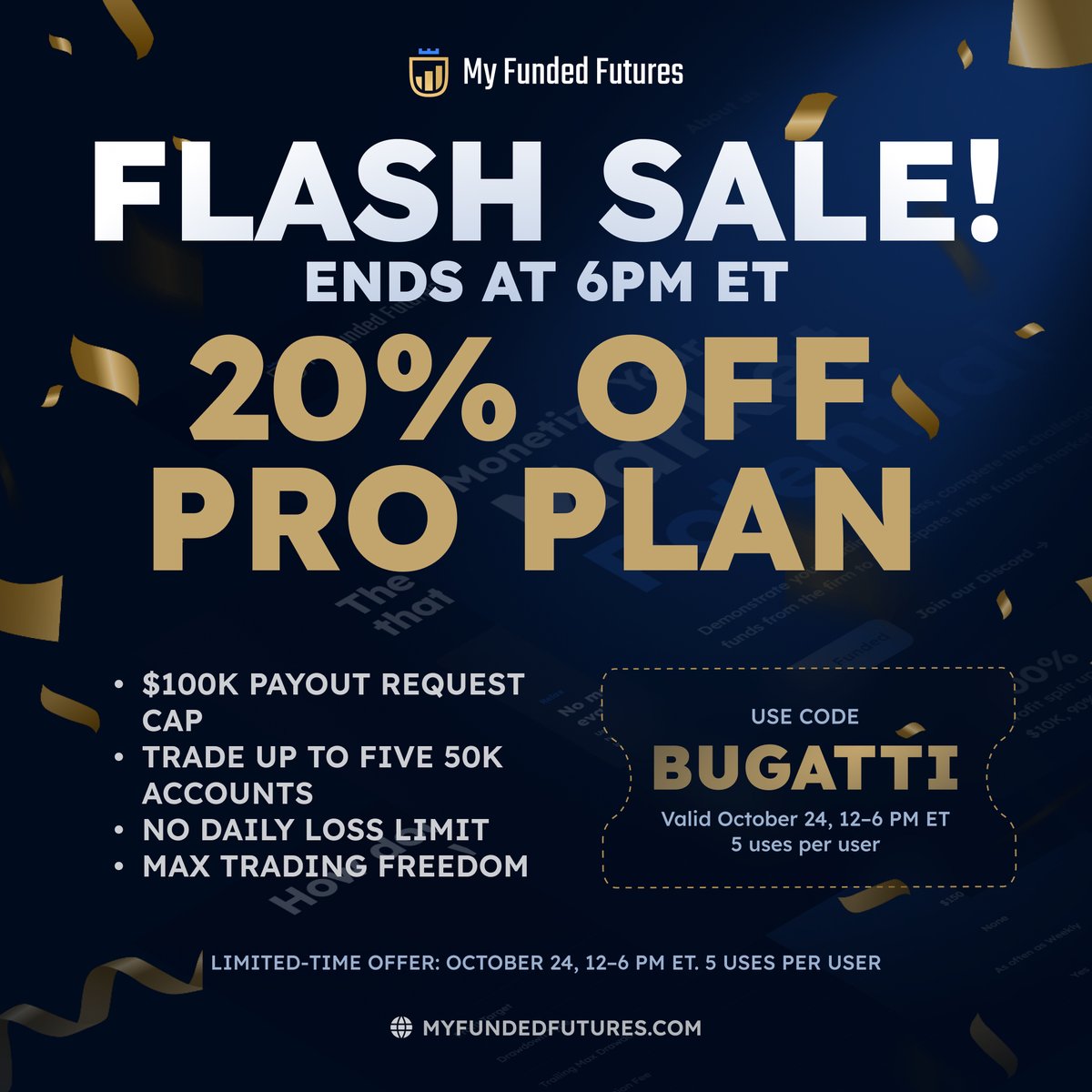 🚨6-Hour Flash Sale: Get 20% OFF the Pro Plan🚨
 (max payout potential up to $100K, no DLL, no consistency rules, trade up to 5 accounts). 
My link only — sale ends 6 PM ET. Don’t miss it. <a href="/MyFundedFutures/">MyFundedFutures</a> 

myfundedfutures.com/?ref=928
CODE BUGATTI
