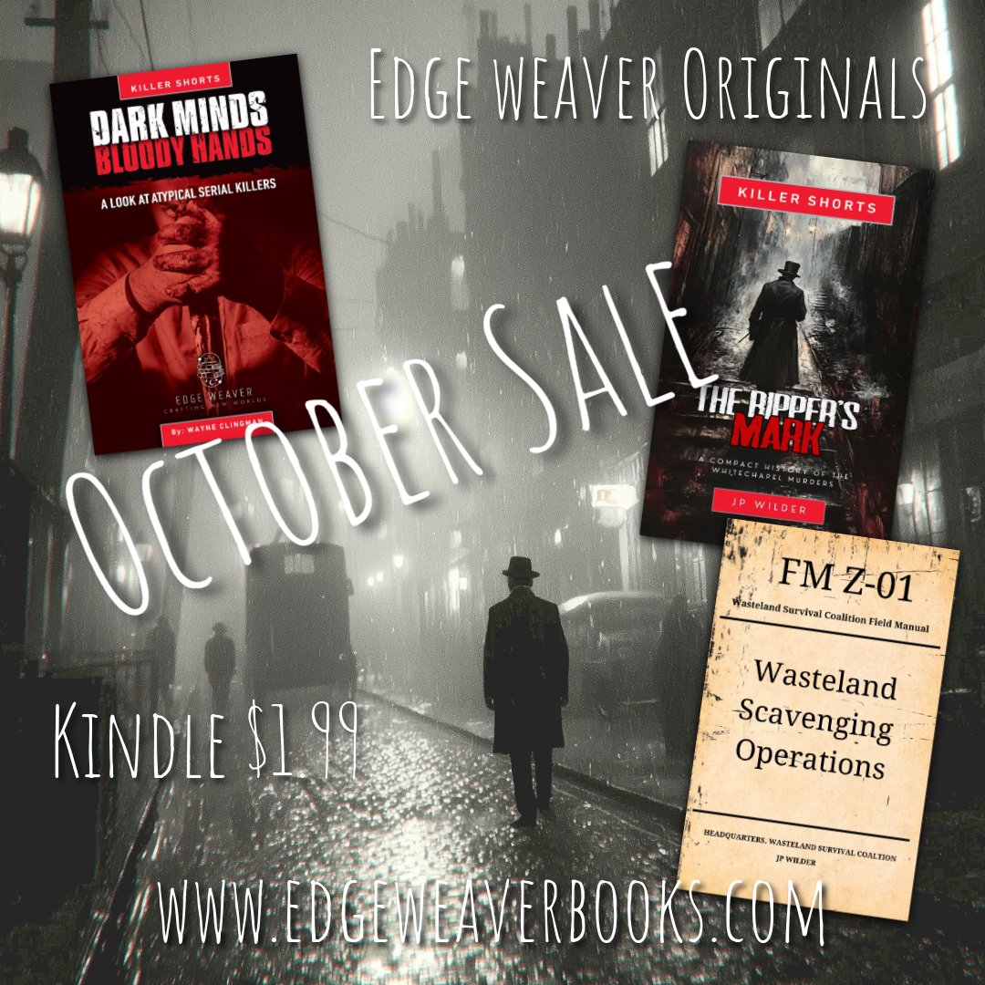 Sink into October’s shadows—just $1.99 on Kindle. 🔪📚
Edge Weaver Originals are back with stories that bite, bleed, and burn:
🧟 Wasteland Scavenging Operations by JP Wilder — mythic survival in a world gone to ash
🩸 Dark Minds Bloody Hands by Wayne Clingman — a true crime
