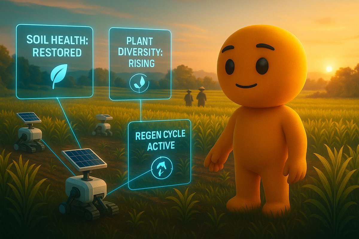 Rushi374's tweet image. 💡 100 Days, 100 Ideas — Day 40
Idea: RoboRoots 🌱🤖
🚜 What it is:
A regenerative farming network where AI-guided robots restore soil health, plant trees, and farm sustainably — learning directly from farmers and nature.
⚙️ How it works:
Solar-powered field bots analyze soil…