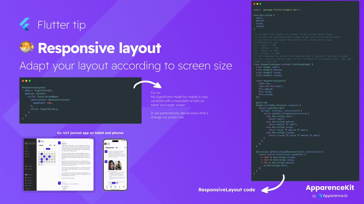 mcflyDev's tweet image. 🧐 Flutter tips
One of the advantages of Flutter is that it works everywhere. So here is how I make sure it's working everywhere:
- I do mobile-first design.
- If the layout changes for a large screen, I reuse my components and adapt them for this screen.
- Depending on the type…