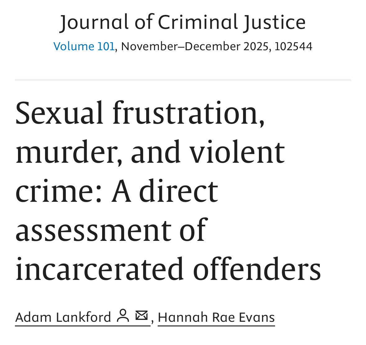 New article! After surveying 155 inmates, we found the most sexually frustrated offenders showed more aggression and less self-control, and were more often arrested for murder/attempted murder, according to official records. Free access for a limited time: tinyurl.com/m9r5e4ay