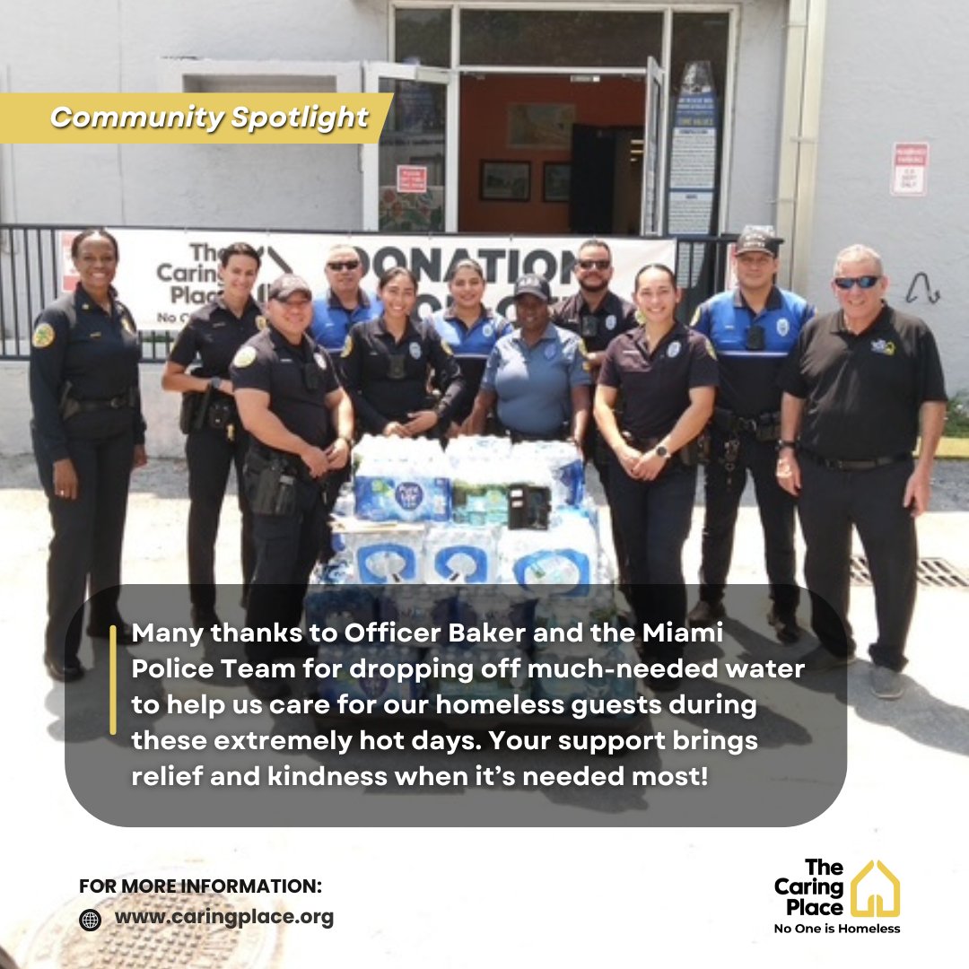 Thank you to Officer Baker and the Miami Police Team for donating much-needed water during these hot days. Your support brings relief and kindness to our homeless guests when it’s needed most!
#No1IsHomeless