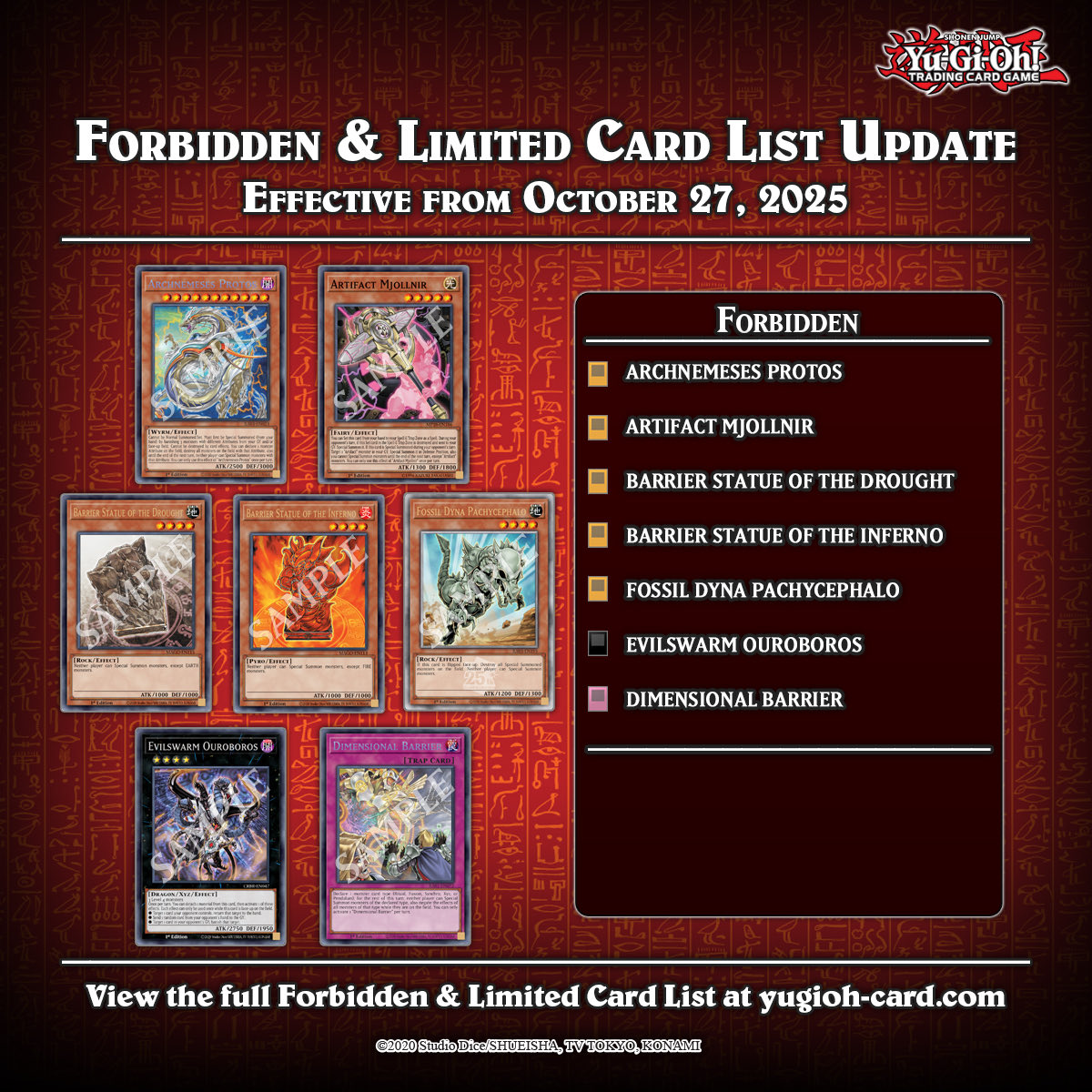 YuGiOhNewsTCG's tweet image. ⚠️ Attention Duelists! ⚠️
The #YuGiOhTCG Forbidden & Limited List has been updated‼️
These changes go into effect 27th of October, 2025.