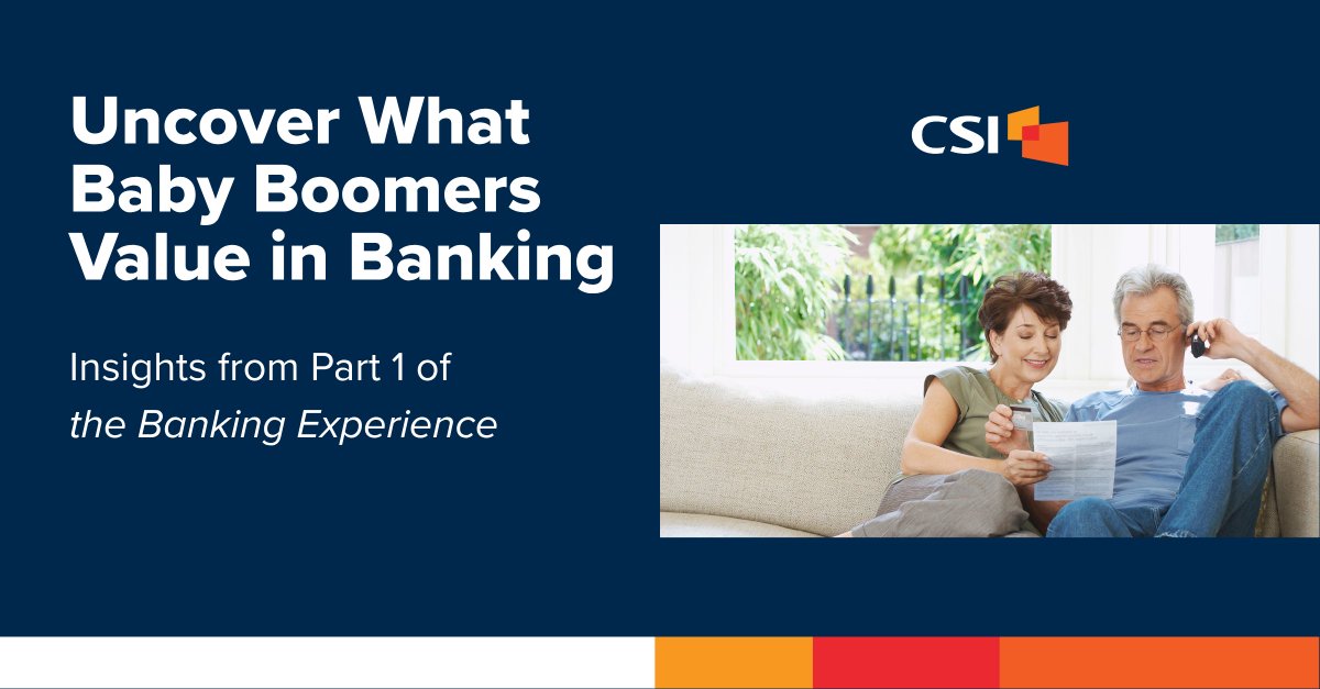 CSIsolutions's tweet image. Baby Boomers started at the branch counter. Now they use ATMs and apps—but still value face-to-face connections. 💡 What do they want from their FI? Discover in Part 1 of our series on banking across generations, 𝘵𝘩𝘦 𝘉𝘢𝘯𝘬𝘪𝘯𝘨 𝘌𝘹𝘱𝘦𝘳𝘪𝘦𝘯𝘤𝘦. bit.ly/3IwMDqz