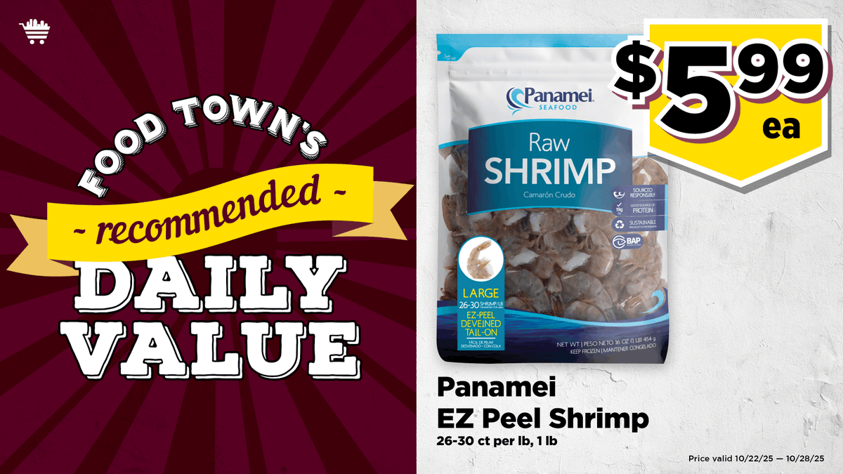 It's your Food Town RDV — Panamei Large EZ Peel Shrimp (26–30 ct per lb), 1 lb, $5.99 ea.
(Through 10/28/25) #deals #everydayvalues #foodtownhouston #groceryhaul