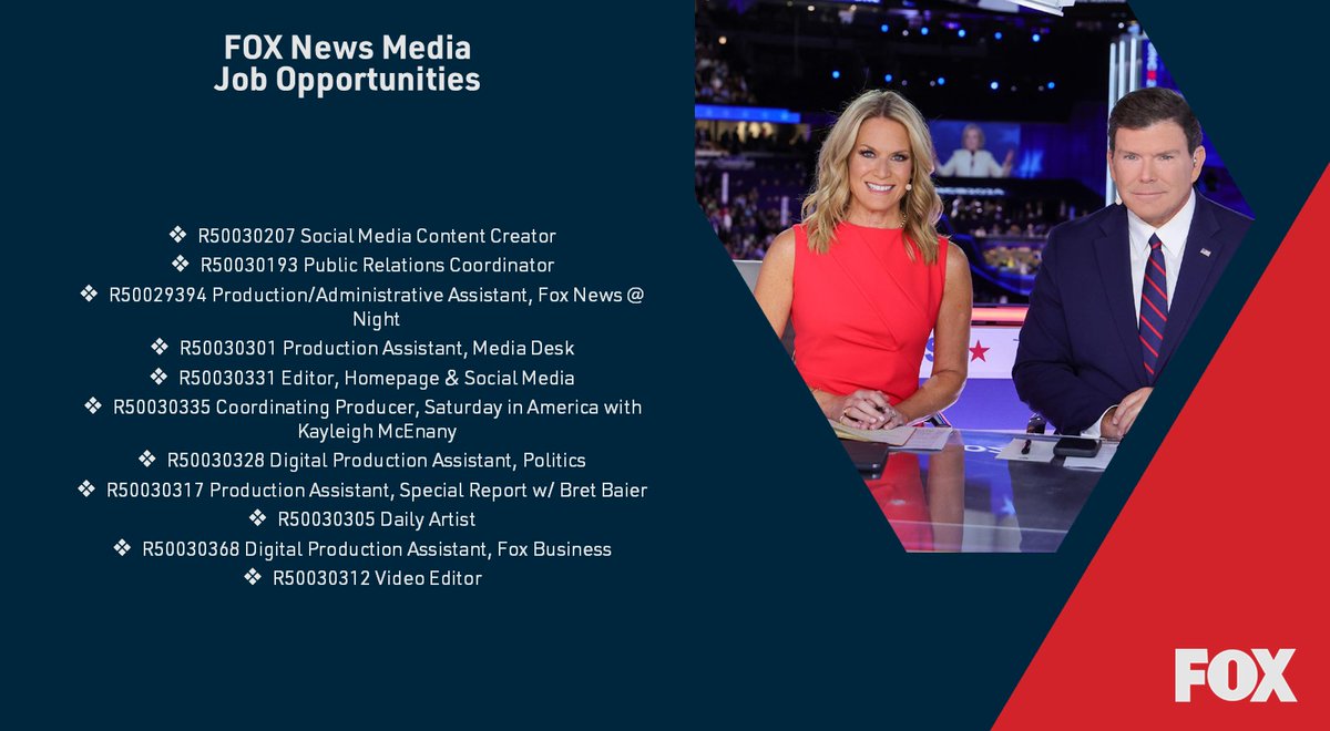 Check out some of our #CareerOpportunities, including opportunities in finance, tech, digital, production, ad sales, editorial, public relations, and more across Fox Corp, Fox Entertainment, and Fox News!

🔗foxcareers.com