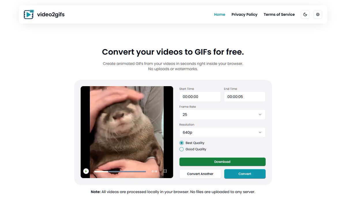 Built an in-browser video to GIF converter a few months ago. 

Options to adjust frame rate, resolution, and time stamps.

Works entirely in your browser. No server uploads.

video2gifs.com