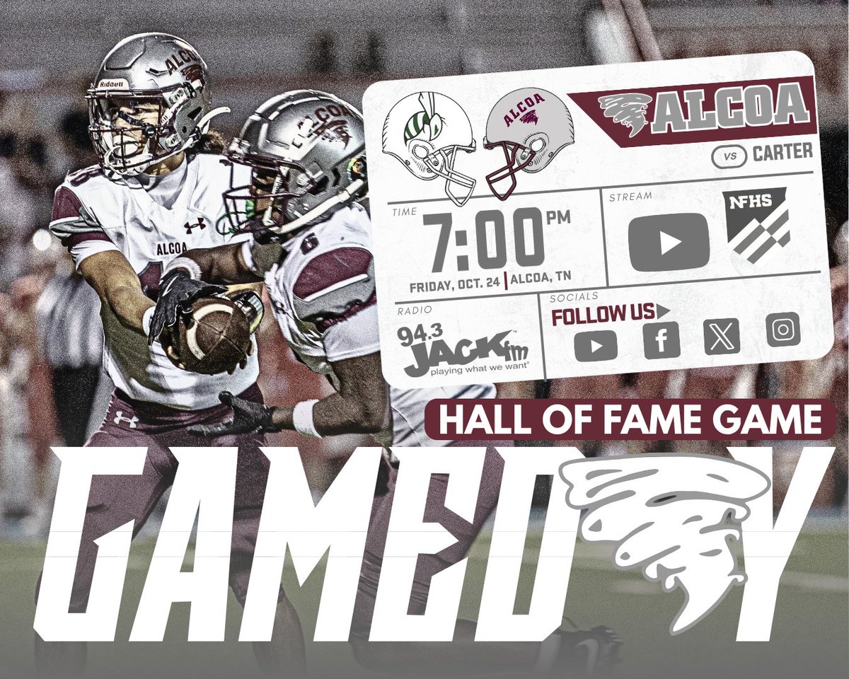 🏈 GAMEDAY 🏈
HOF CEREMONY AT HALFTIME
GO TORNADOES! 🌪️🌪️

📍 Alcoa
🆚 Carter
🕖 7:00 PM Kickoff/ 5:00 PM Gates
🎟️ gofan.co/app/school/TN1…
💻 youtube.com/#alcoaathletic…
📻 94.3 Jack FM