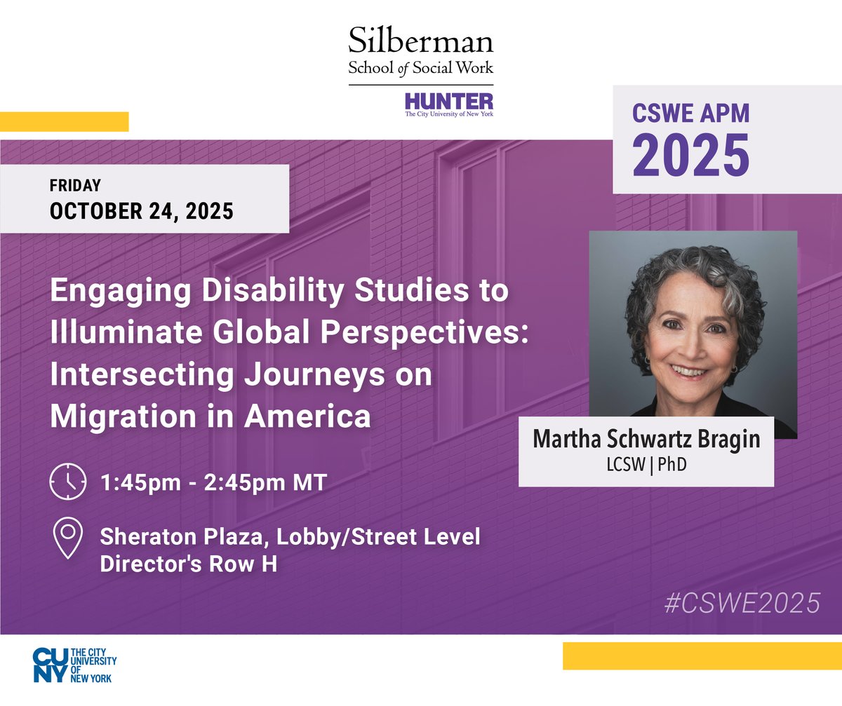 silbermanssw's tweet image. If you are at CSWE APM, join Professor Martha Schwartz Bragin in Director&apos;s Row H room at 1:45pm MT for &quot;Engaging Disability Studies to Illuminate Global Perspectives: intersecting journeys on migration in America&quot;

#cswe2024 #cswe24 #apm24 #apm2024 #csweapm #oneCSWE #socialwork
