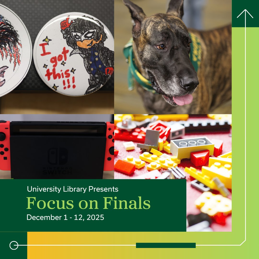 cpplibrary's tweet image. Finals are coming, but the Library has you covered. Join Focus on Finals, December 1–12, for Therapy Dogs, Button Making, Study Sprints, Nintendo Switch Free Play, and LEGO Build and Chill. Learn more: libguides.library.cpp.edu/finals