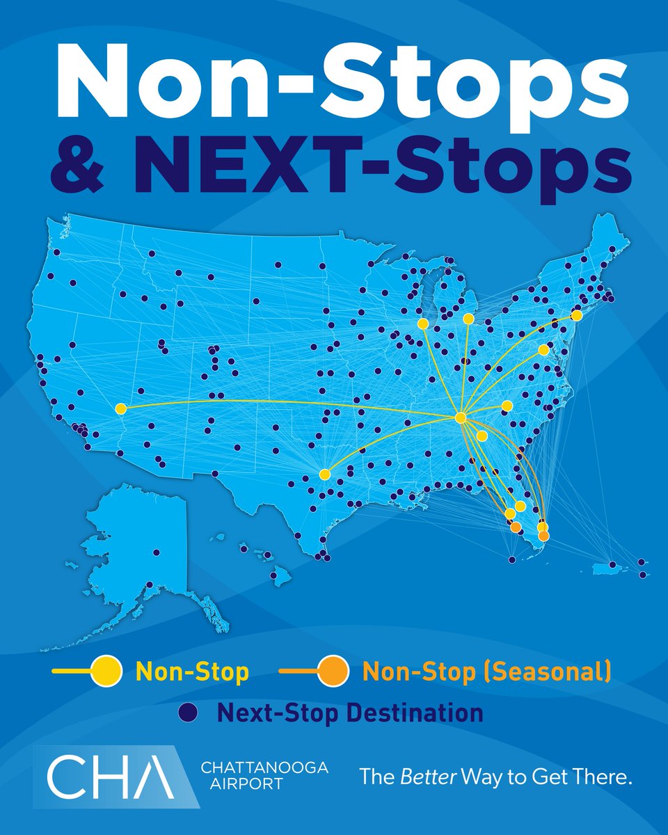 Here's an updated look at all of the nonstop and next stop destinations you can reach right from CHA✈️ 

Book your next flight at tr.ee/chattanoogaair…