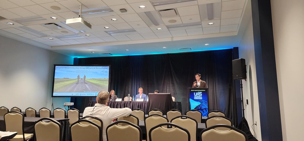NDAgTechEngine's tweet image. Dr. Xin (Rex) Sun, in partnership with the NSF AgTech Engine, presented his innovative research on using drones and AI for invasive weed detection at #UASS25 Summit last week. A major leap forward in smart agriculture and sustainable land management.