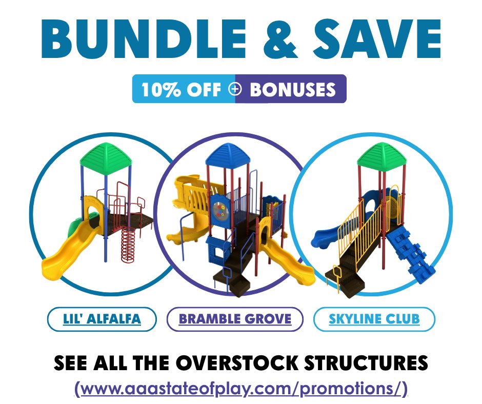 AAAStateOfPlay's tweet photo. Get your playground now! Take advantage of the Bundle &amp; Save promotion. 10% off + Bonuses for over 30+ different playground designs that can ship now.
https://t.co/ypwxqKSxzA
#playgroundequipment #promo #aaastateofplay https://t.co/YRsDJ0JKty