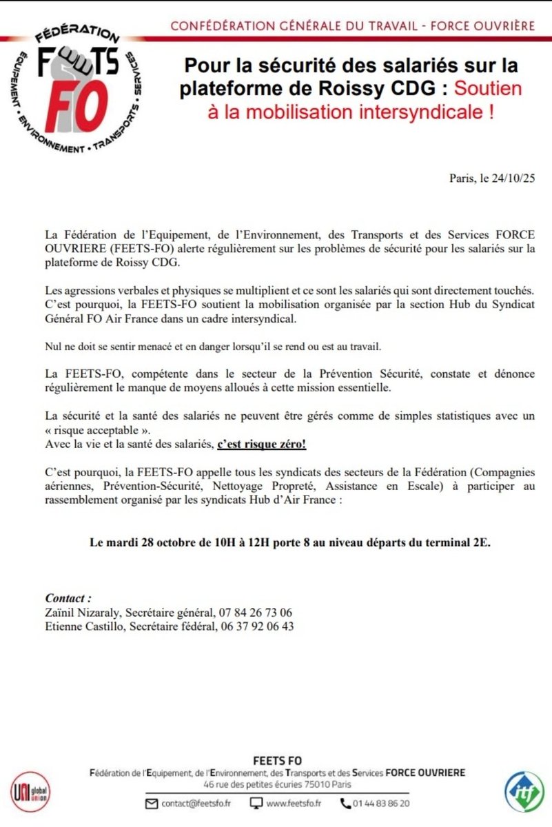 Merci aux camarades <a href="/FeetsFO/">FEETS FO</a> pour leur soutien. <a href="/Interieur_Gouv/">Ministère de l'Intérieur</a>  
<a href="/GroupeADP/">Groupe ADP</a> 
Pour venir travailler sans peur !